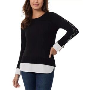 Jones New York Women's Embellished-Sleeve Shirttail Top Sweater Black White XS
